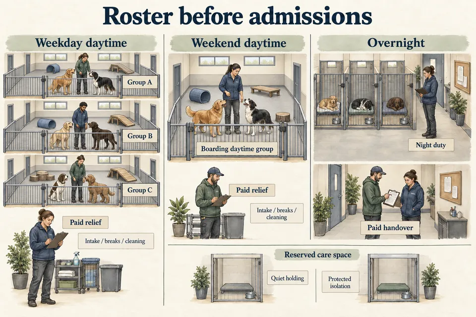 Conceptual Dog Daycare coverage diagram showing three secured supervised weekday indoor groups with separate paid relief, one supervised weekend boarding group with relief, individual overnight enclosures with awake night duty and paid handover, plus quiet holding and protected isolation reserved for care.