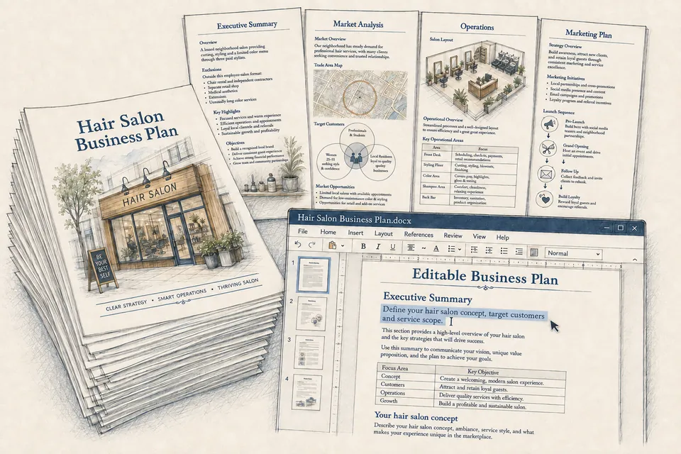 Conceptual business-plan manuscript for a hair salon, with section sheets and an editable document window.