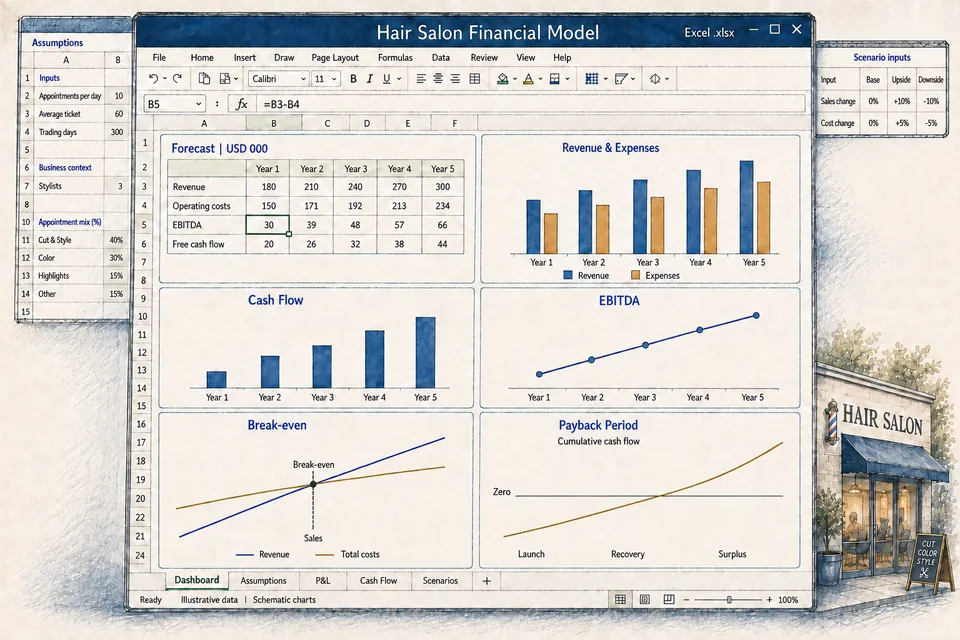 Conceptual editable Excel financial model for a hair salon, with illustrative populated forecasts, assumptions and schematic cash-flow, break-even and payback charts.
