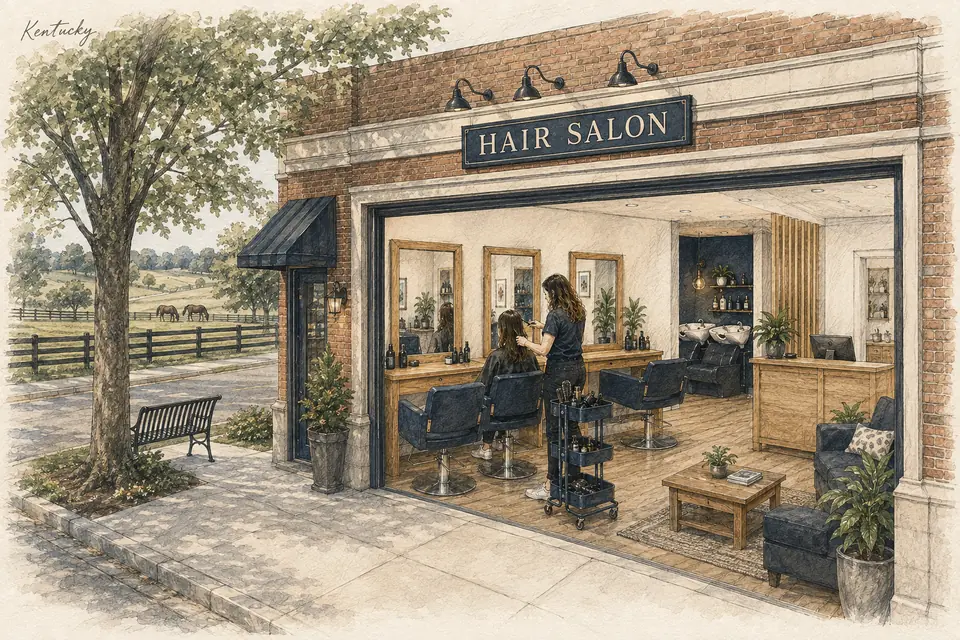 Original Kentucky-inspired illustration of a leased neighborhood salon providing cutting, styling and a limited color menu through three paid stylists. The setting is conceptual.