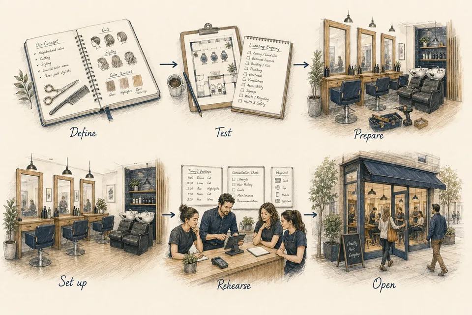 Illustrated hair salon launch sequence from defining the service and checking the site to a trial and customer handover.