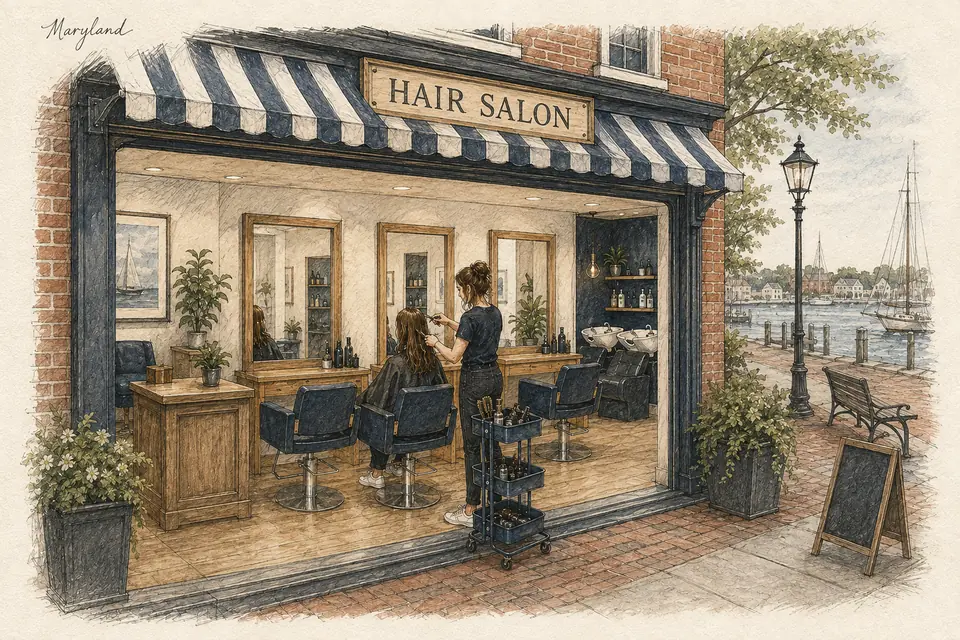 Original Maryland-inspired illustration of a leased neighborhood salon providing cutting, styling and a limited color menu through three paid stylists. The setting is conceptual.
