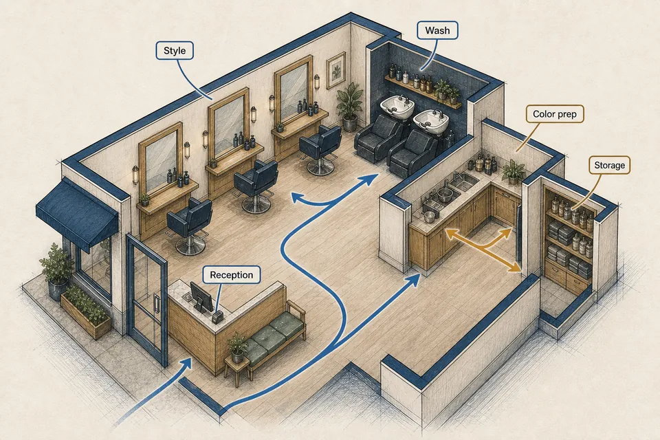 Illustrated stylist stations, wash basins, waiting and appointment movement consistent with the current staffed format.