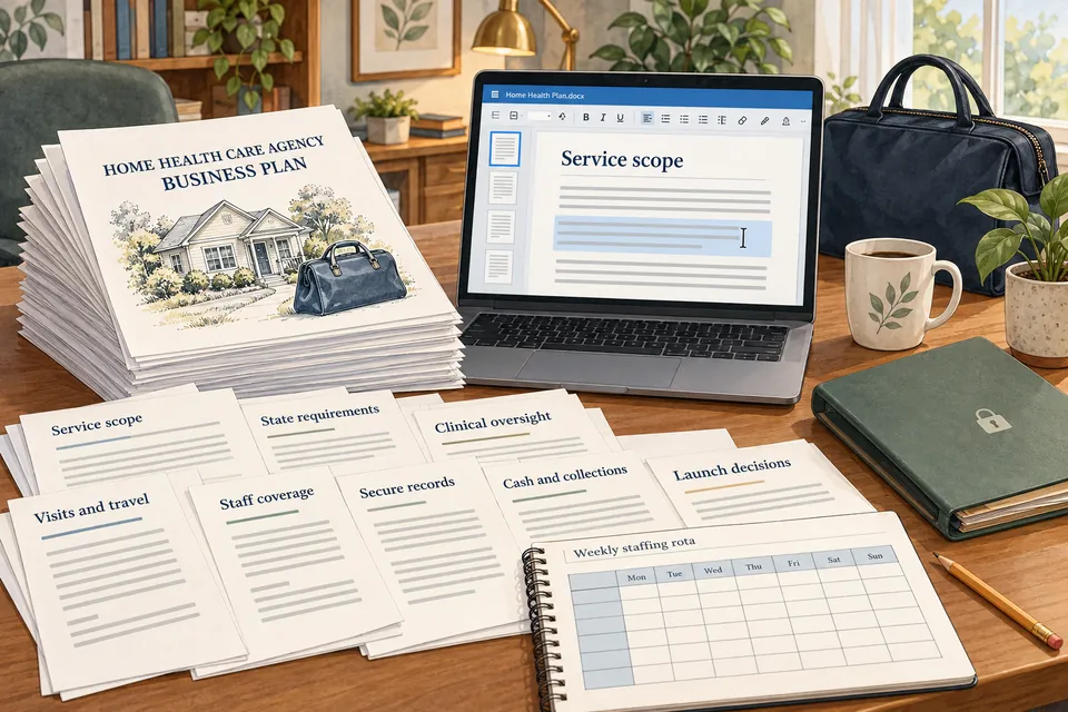 Conceptual editable Home Health Care Agency manuscript with service scope, state requirements, clinical oversight, visits and travel, staffing, secure records, cash and collections, and launch sections beside a document editor with selected text, an insertion caret and page thumbnails.