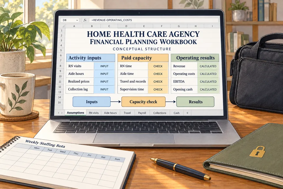 Conceptual editable Home Health Care Agency spreadsheet connecting RN visits, aide hours, realized prices and collection lag with paid care, travel, records and supervision time, operating results and opening cash; input and calculation labels show no claimed financial amounts or charts.