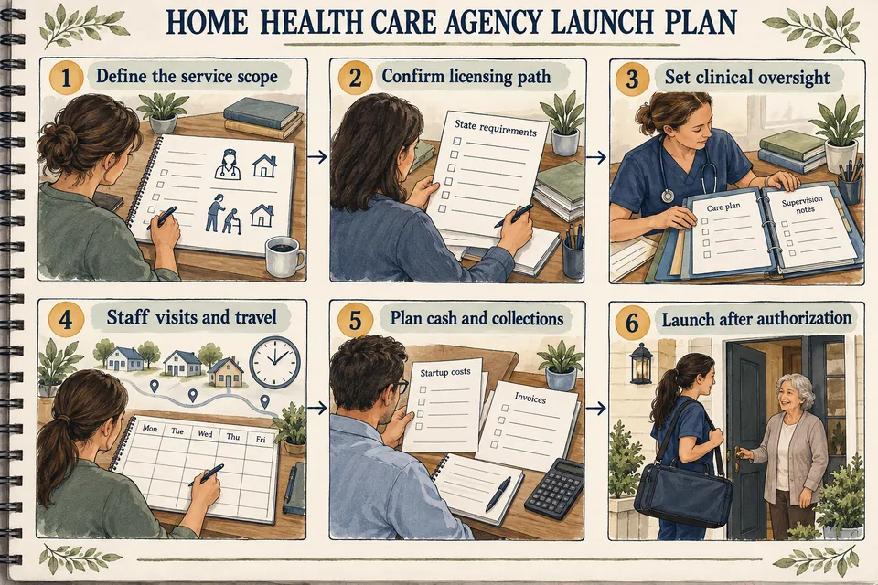 Six-stage Home Health Care Agency planning map covering service scope, state requirements, clinical oversight, paid visits and travel, cash and collections, and first visits after authorization; planning checkboxes remain blank.