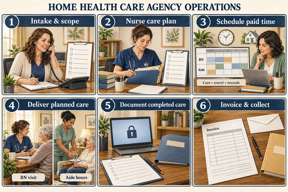 Conceptual six-stage Home Health Care Agency workflow: intake and service scope, nurse care plan, paid RN and aide scheduling with travel and records, planned home care, secure documentation of completed care, then invoicing and collection.