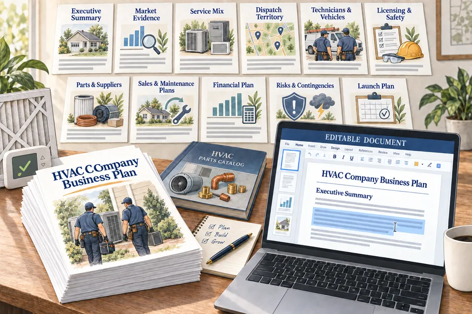 Conceptual editable HVAC Company business-plan manuscript with market evidence, service mix, dispatch territory, technicians and vehicles, licensing and safety, suppliers, sales, financial, risk and launch sections beside an active document editor.