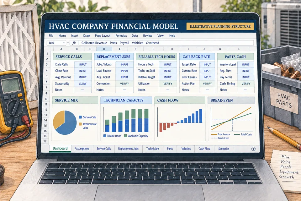 Conceptual HVAC Company financial workbook connecting service calls, replacement jobs, billable technician hours, callback control, parts cash timing, vehicles, cash flow and break-even in an illustrative planning structure without claimed results.