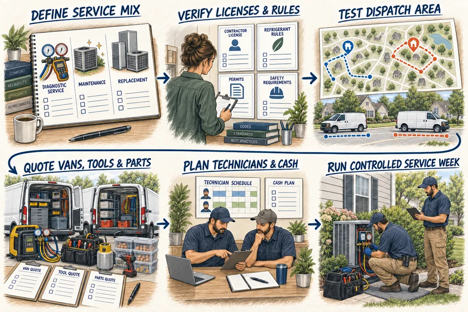 Six-stage ink-and-watercolor HVAC Company launch map from defining the service mix and verifying licenses through testing the dispatch area, quoting vehicles and equipment, planning technicians and cash, and running a controlled service week.