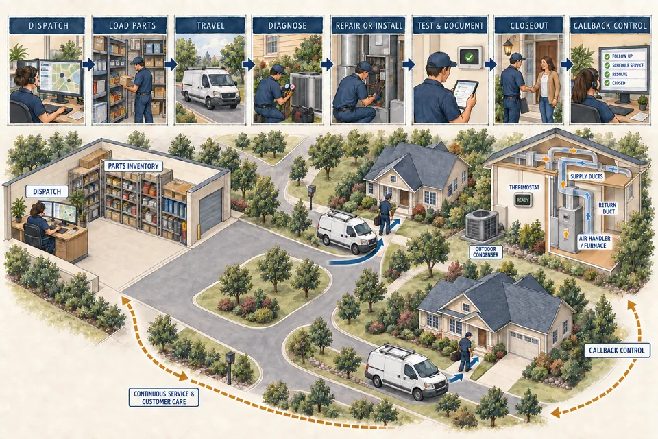 Conceptual ink-and-watercolor HVAC operations diagram linking dispatch, parts loading, two service vehicles, travel, diagnosis, repair or installation, system testing, documentation, closeout and callback control across usable residential service paths.