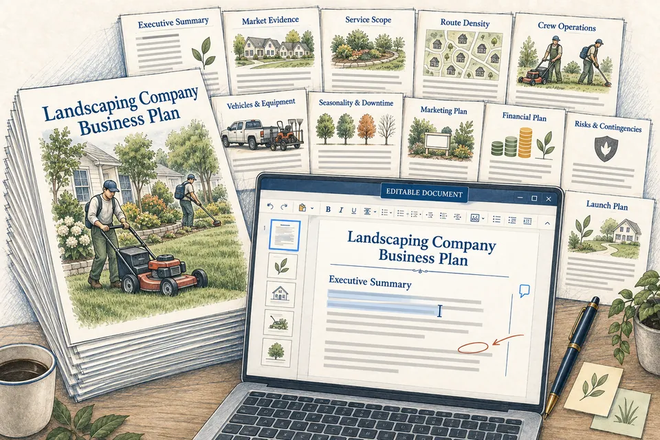 Conceptual editable Landscaping Company business-plan manuscript with market evidence, service scope, route density, crew operations, vehicles and equipment, seasonality, marketing, financial, risk and launch sections beside an active document editor.