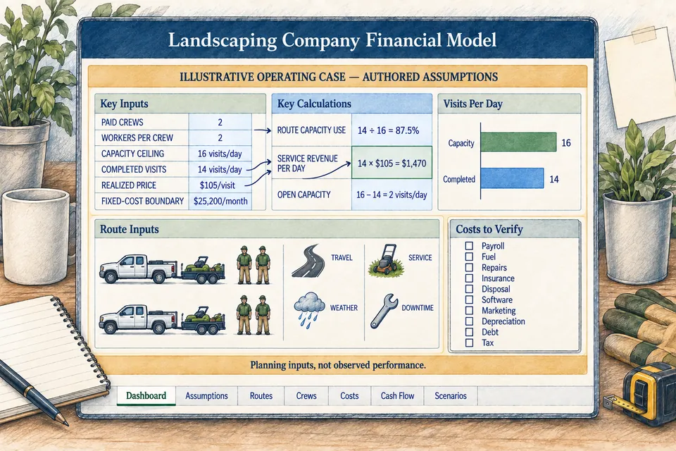 Conceptual Landscaping Company financial workbook showing two paid crews, authored illustrative assumptions for route capacity, completed visits, realized price, daily service revenue and a monthly fixed-cost boundary, plus route inputs and costs still requiring verification.