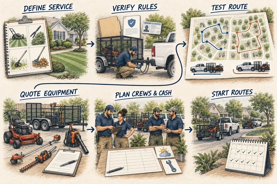 Six-stage ink-and-watercolor Landscaping Company launch map from defining recurring maintenance scope and verifying operating requirements through route testing, equipment quotes, two-crew cash planning and the start of recurring residential routes.