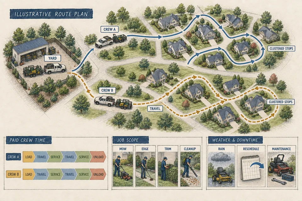 Conceptual ink-and-watercolor Landscaping Company route plan showing two clustered residential routes, paid crew-time sequences, routine job scope, and weather, rescheduling and maintenance downtime without market-performance claims.