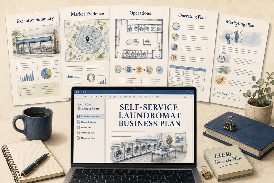 Editable self-service laundromat business-plan preview with market evidence, premises layout, operations and marketing sections.