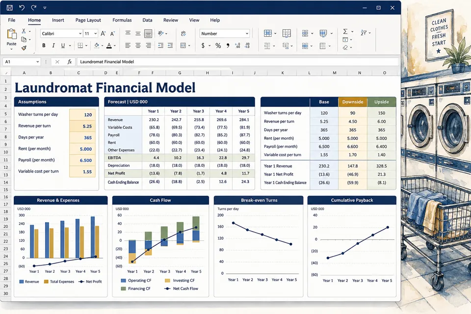 Editable laundromat financial-workbook preview with paid-turn assumptions, five-year forecast, scenarios, cash flow, break-even and cumulative payback views.