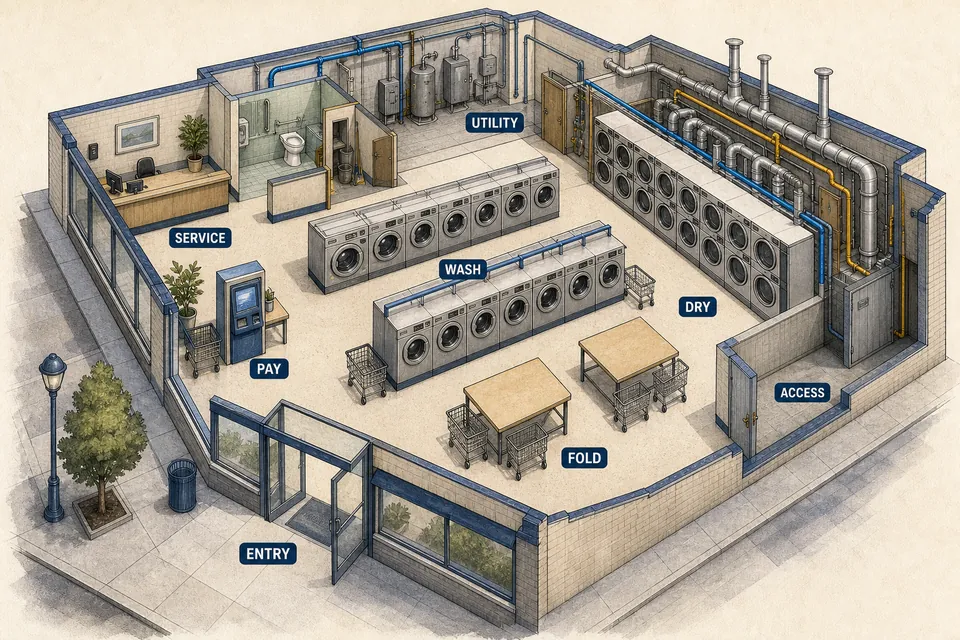 Isometric laundromat plan showing entry, payment, washer and dryer banks, folding, customer circulation, maintenance access and connected water, drain, gas, electrical and exhaust systems.