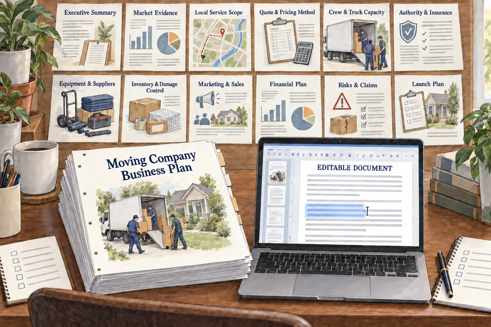 Conceptual editable Moving Company business-plan manuscript with local service scope, quote method, crew and truck capacity, authority and insurance, equipment, inventory control, sales, financial, claim-risk and launch sections beside an active document editor.