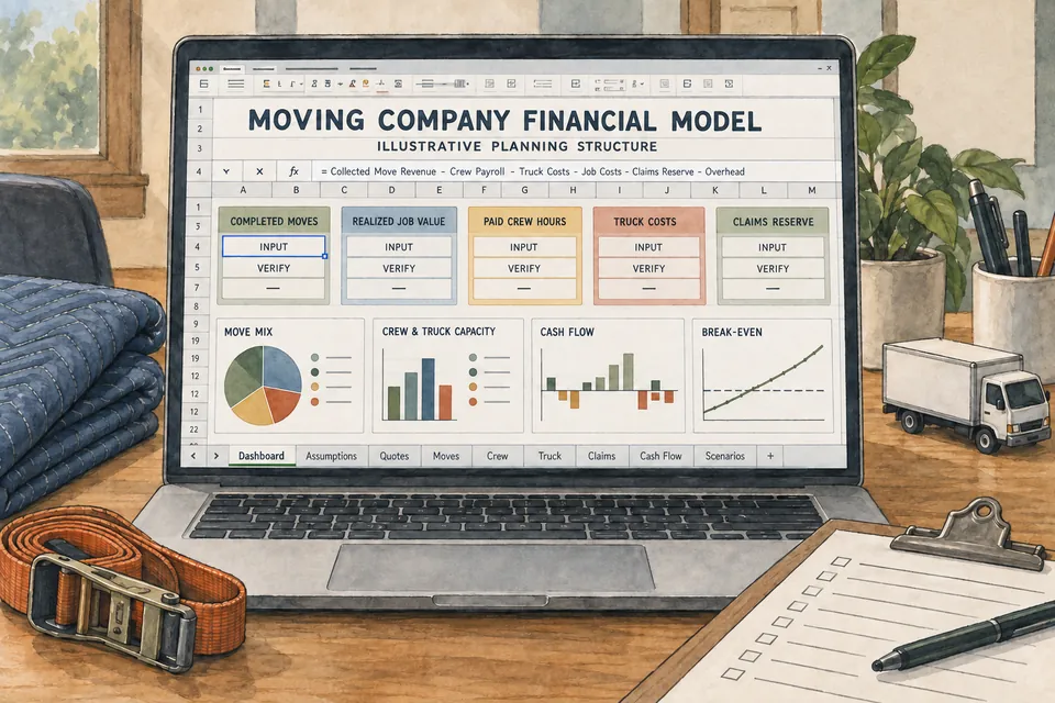 Conceptual Moving Company financial workbook connecting completed moves, realized job value, paid crew hours, one-truck costs, job costs, claims reserve, cash flow and break-even in an illustrative planning structure without claimed results.