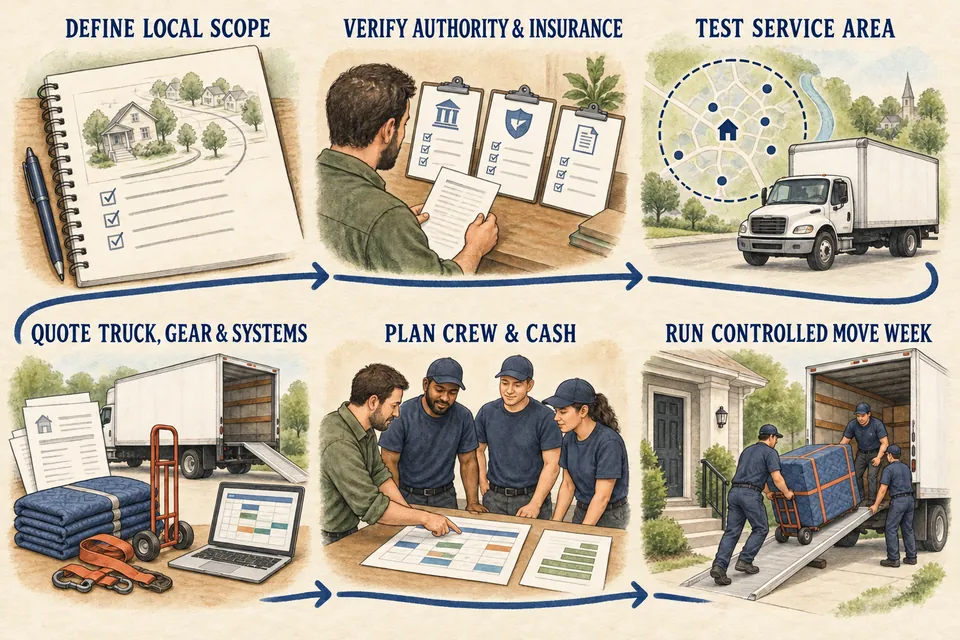 Six-stage ink-and-watercolor Moving Company launch map from defining the local service scope and verifying authority and insurance through testing the service area, quoting one truck and moving gear, planning the paid crew and cash, and running a controlled move week.