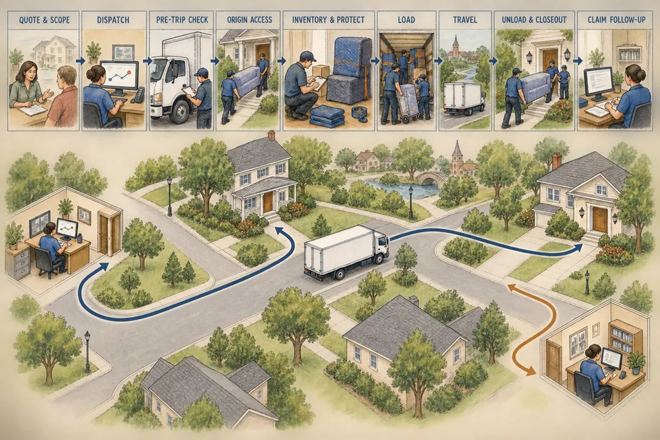 Conceptual ink-and-watercolor Moving Company operations diagram linking quote and scope, dispatch, pre-trip checks, origin access, inventory and protection, loading, travel, unloading and closeout, and claim follow-up for one truck and one paid three-person crew.