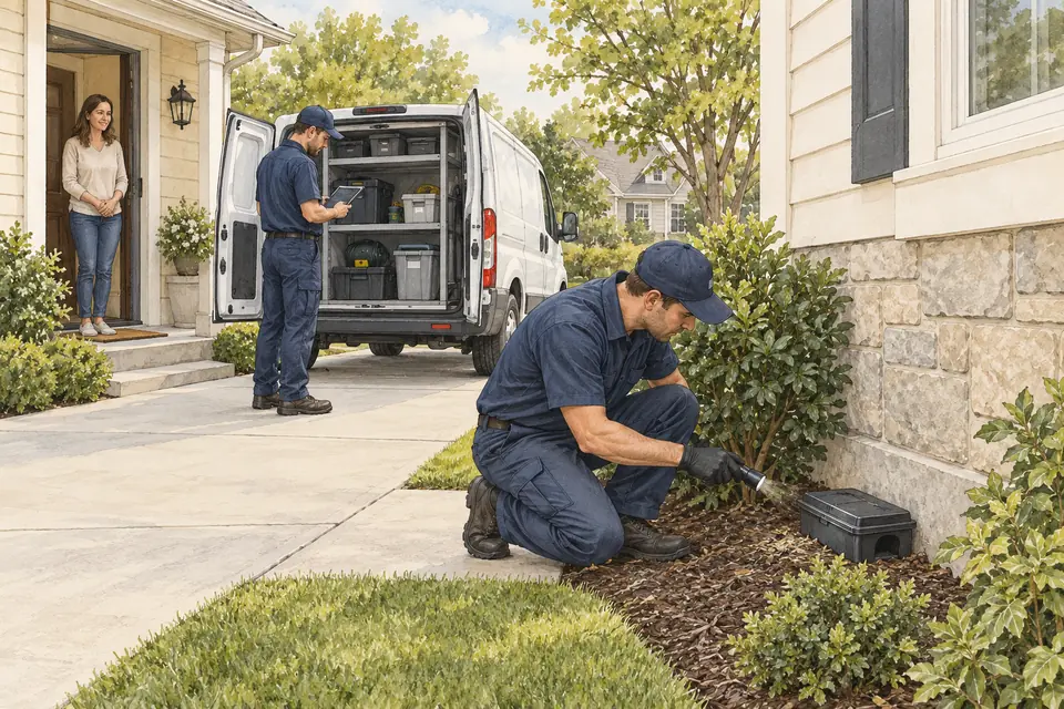 Original ink-and-watercolor illustration of two household pest-service technicians, one inspecting a closed monitoring station along a house foundation and the other documenting observations beside an organized service van, with a homeowner clear of the work area.