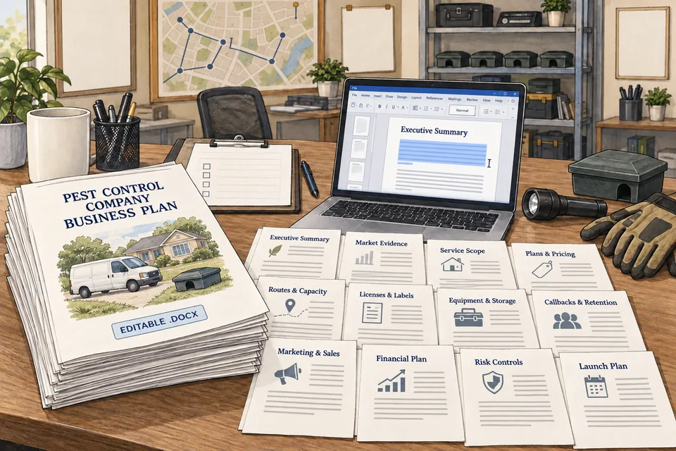 Conceptual editable Pest Control Company business-plan manuscript with twelve sections covering market evidence, service scope, plans, routes, licensing and labels, equipment, callbacks, retention, sales, finance, risk and launch, beside an active document editor.