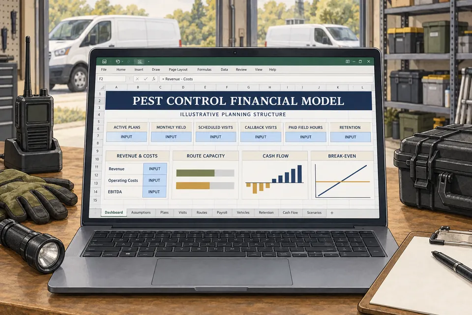 Conceptual Pest Control financial workbook connecting active plans, monthly yield, scheduled visits, callback visits, paid field hours and retention with revenue, operating costs, route capacity, cash flow and break-even; charts show no claimed financial results.