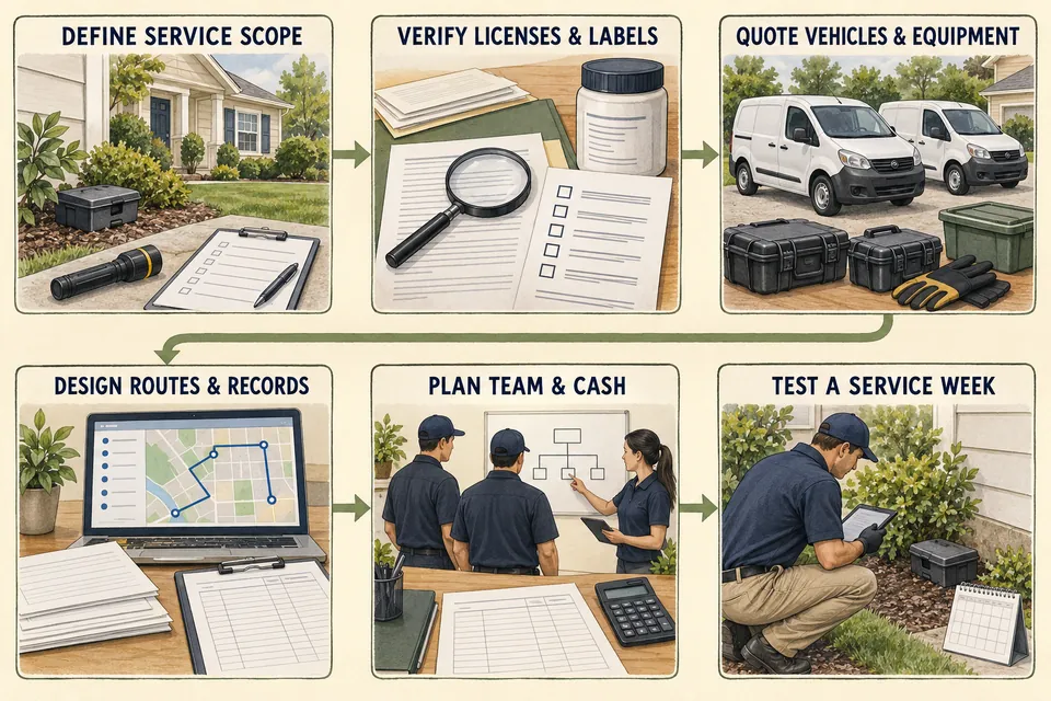 Six-stage Pest Control Company launch map covering service scope, licenses and labels, vehicles and equipment, routes and records, team and cash planning, and a controlled service week.