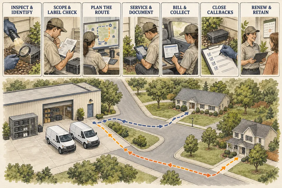 Conceptual Pest Control Company operations diagram linking inspection and identification, scope and label checks, route planning, documented service, billing and collections, callback closure and renewal, above two service routes from a storage and dispatch base.