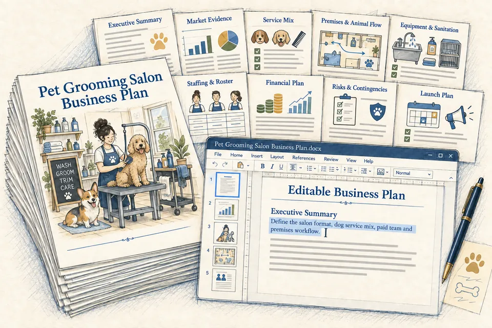 Conceptual editable Pet Grooming Salon business-plan manuscript with market evidence, service mix, premises safety, appointment flow, groomer capacity, marketing, financial, risk and launch sections beside an active document editor.