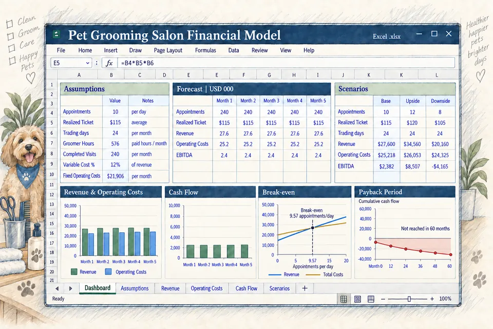 Conceptual editable Pet Grooming Salon financial workbook with appointment mix, realized ticket, paid groomer hours, service capacity, forecast, scenarios, cash flow, break-even appointments and payback views using an illustrative scenario.