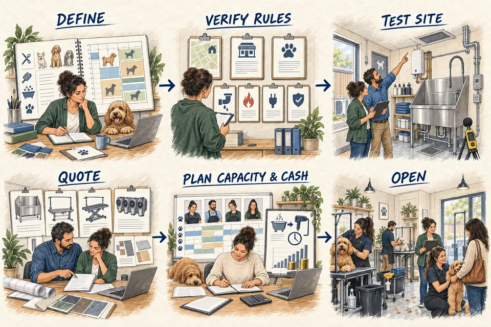 Six-stage Pet Grooming Salon launch map from defining the service mix and verifying local rules through site testing, equipment and fit-out quotes, groomer-capacity and cash planning, and a controlled trial opening.
