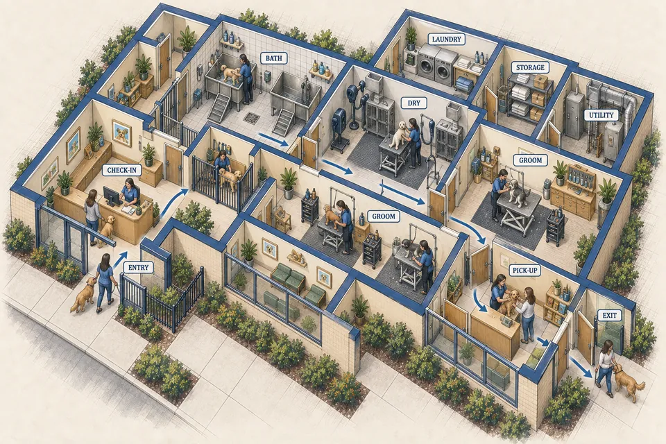 Conceptual isometric pet grooming salon plan showing secure entry and handoff, controlled holding, bathing, drying, grooming, laundry, storage, utility access and an unobstructed animal-and-handler flow; all details require local verification.