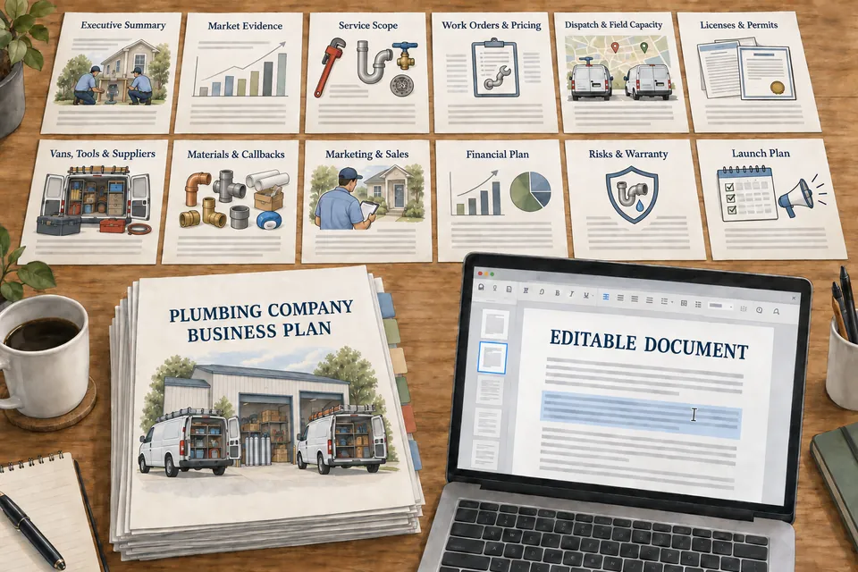 Conceptual editable Plumbing Company business-plan manuscript with service scope, work-order pricing, dispatch and field capacity, licenses, vans, tools, materials, callbacks, sales, financial, warranty-risk and launch sections beside an active document editor.