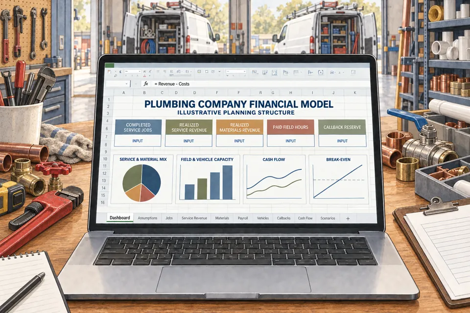 Conceptual Plumbing Company financial workbook connecting completed jobs, realized service and materials revenue, paid field hours, vehicle capacity, callbacks, cash flow and break-even without claimed results.