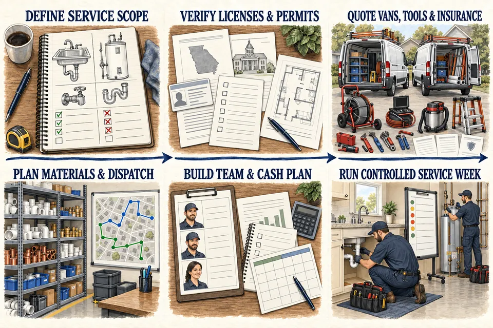 Six-stage ink-and-watercolor Plumbing Company launch map covering service scope, licenses and permits, vans and tools, materials and dispatch, team and cash planning, and a controlled service week.