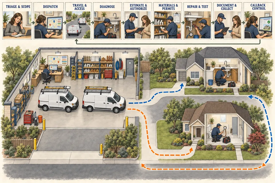 Conceptual ink-and-watercolor Plumbing Company operations diagram linking triage, dispatch, travel and access, diagnosis, authorization, materials and permits, repair and testing, documentation and collection, and callback control across two service routes.