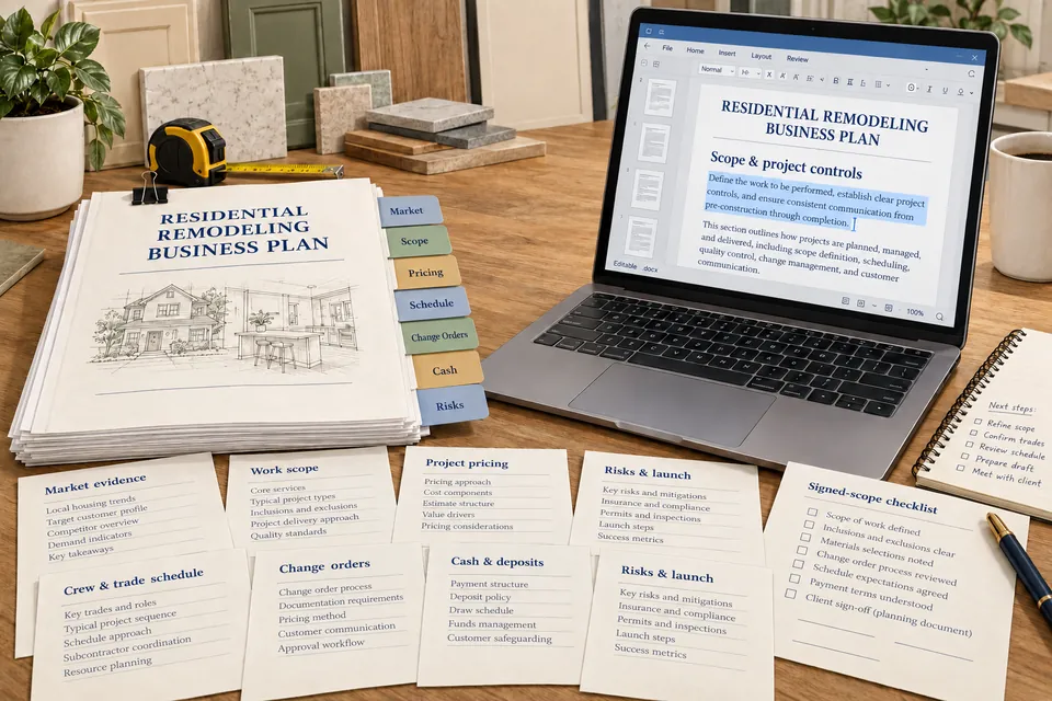 Conceptual editable Residential Remodeling Company business-plan manuscript with market evidence, scope, pricing, crew and trade scheduling, change-order controls, deposits, cash and launch sections, beside a document editor with selected text, insertion caret and page thumbnails.
