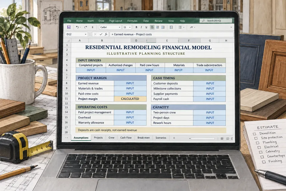 Conceptual Residential Remodeling financial workbook connecting completed projects, authorized changes, paid crew hours, materials and trade subcontractors with project margin, cash timing, paid management, overhead, warranty and two-person crew capacity; customer deposits are separate from earned revenue.