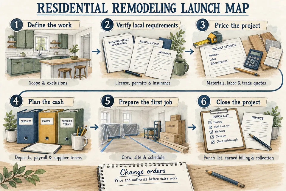 Six-stage Residential Remodeling Company launch map covering work scope, local requirement verification, project pricing, deposits and payment terms, protected job preparation, and punch-list closeout and earned billing.