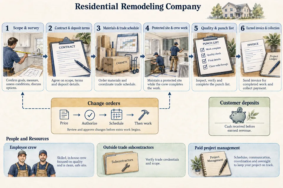 Conceptual Residential Remodeling Company operations diagram linking scope, contract and deposit terms, material and trade scheduling, two-person crew work, punch-list checks and earned invoicing; changes are priced and authorized before work, with employee crew, outside trades and paid management kept separate.