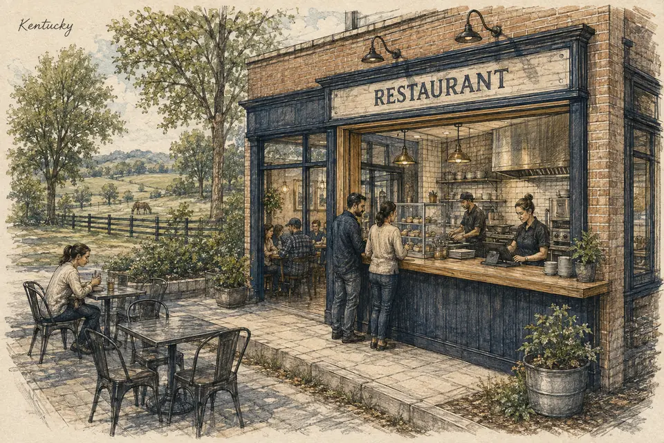 Original Kentucky-inspired illustration of a leased neighborhood restaurant with a focused menu, counter ordering and a fully paid kitchen and service team. The setting is conceptual.