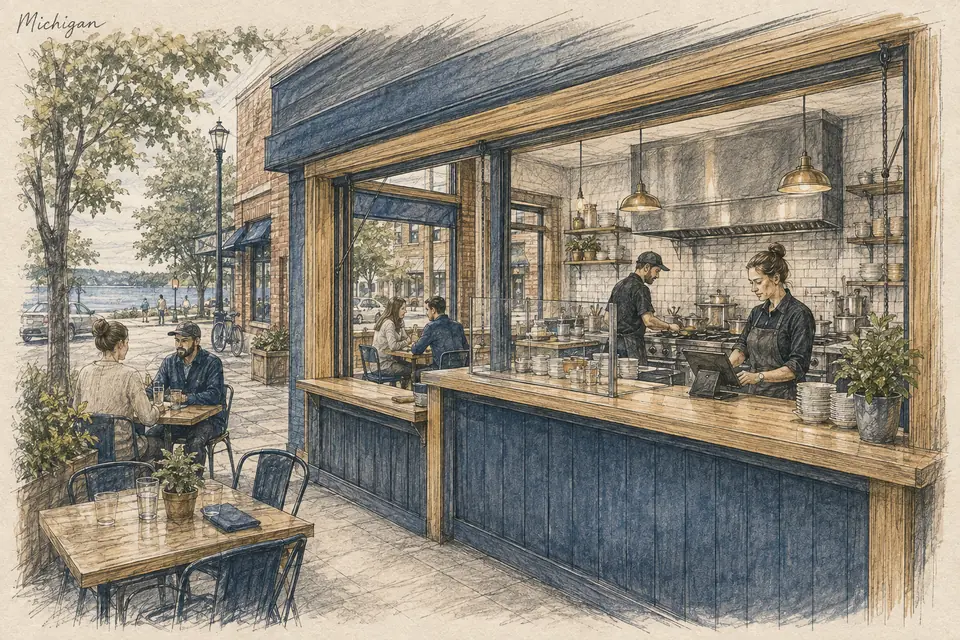 Original Michigan-inspired illustration of a leased neighborhood restaurant with a focused menu, counter ordering and a fully paid kitchen and service team. The setting is conceptual.