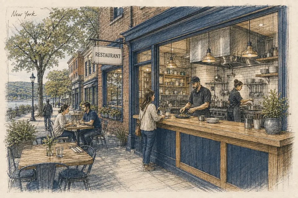Original New York-inspired illustration of a leased neighborhood restaurant with a focused menu, counter ordering and a fully paid kitchen and service team. The setting is conceptual.
