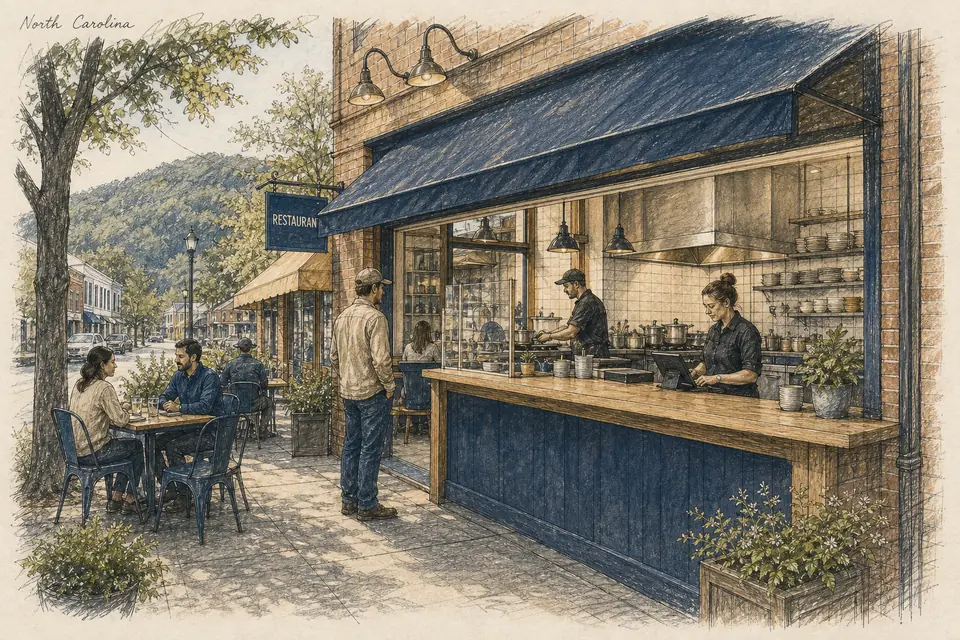 Original North Carolina-inspired illustration of a leased neighborhood restaurant with a focused menu, counter ordering and a fully paid kitchen and service team. The setting is conceptual.