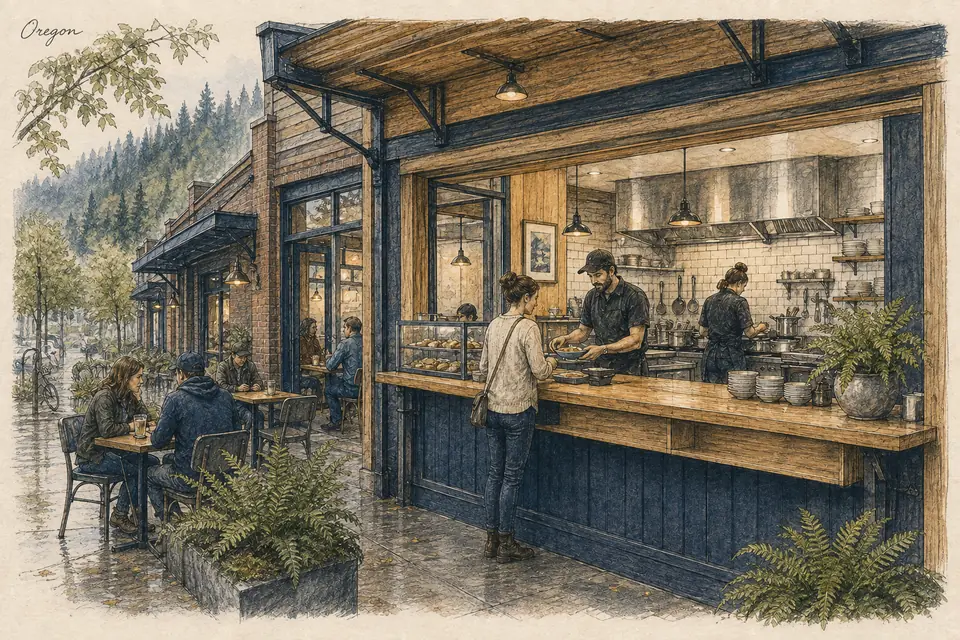 Original Oregon-inspired illustration of a leased neighborhood restaurant with a focused menu, counter ordering and a fully paid kitchen and service team. The setting is conceptual.