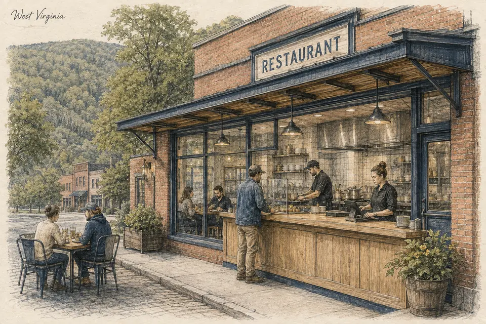 Original West Virginia-inspired illustration of a leased neighborhood restaurant with a focused menu, counter ordering and a fully paid kitchen and service team. The setting is conceptual.