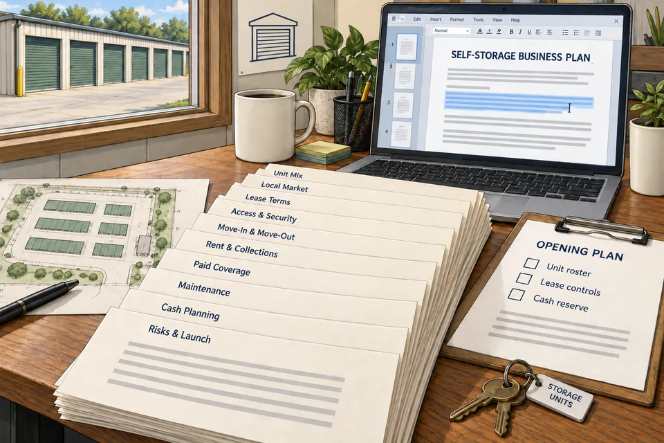 Conceptual editable Self-Storage Facility manuscript with unit mix, local market, lease terms, access, move-in and move-out, collections, paid coverage, maintenance, cash and launch sections beside a document editor with selected text, a caret and page thumbnails.